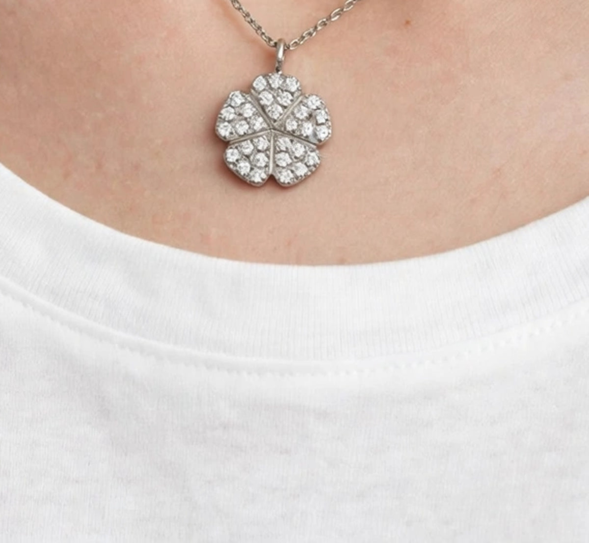 Flower Pave Pendant & Silver Necklace