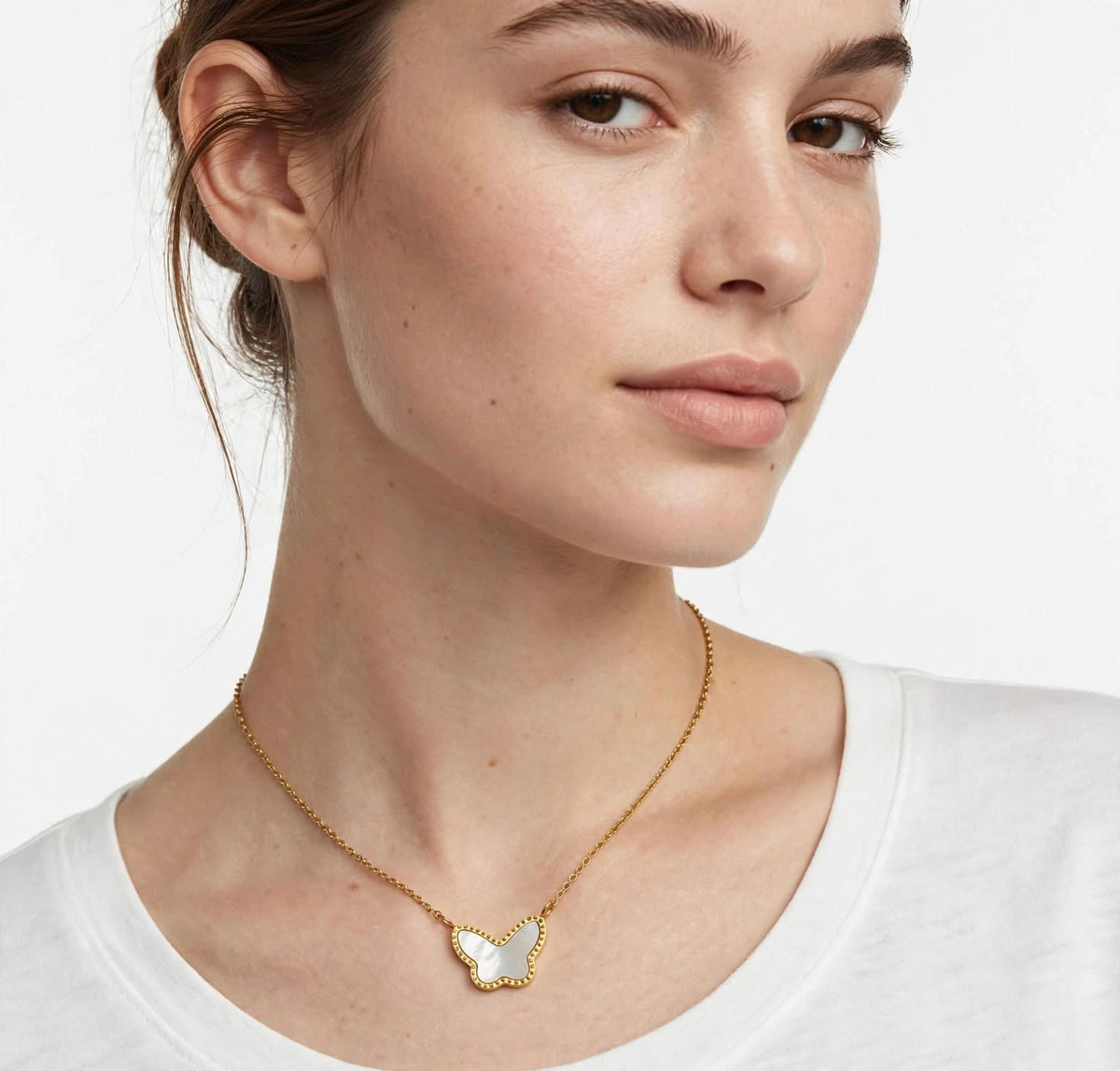 Butterfly Mother of Pearl Pendant & Gold Necklace