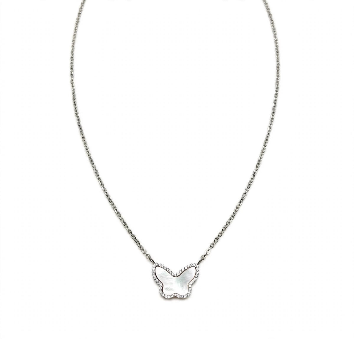 Butterfly Mother of Peal Pendant & Silver Necklace