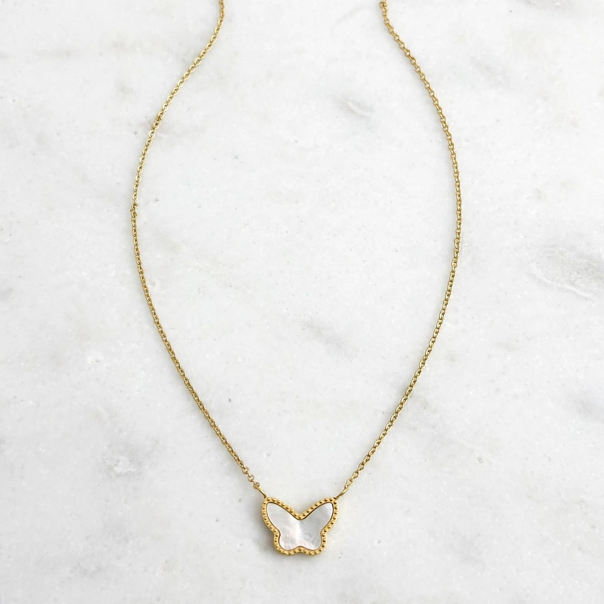 Butterfly Mother of Pearl Pendant & Gold Necklace