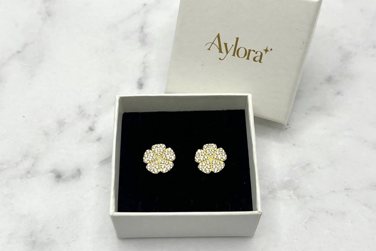 Flower Gold Pave Stud Earrings