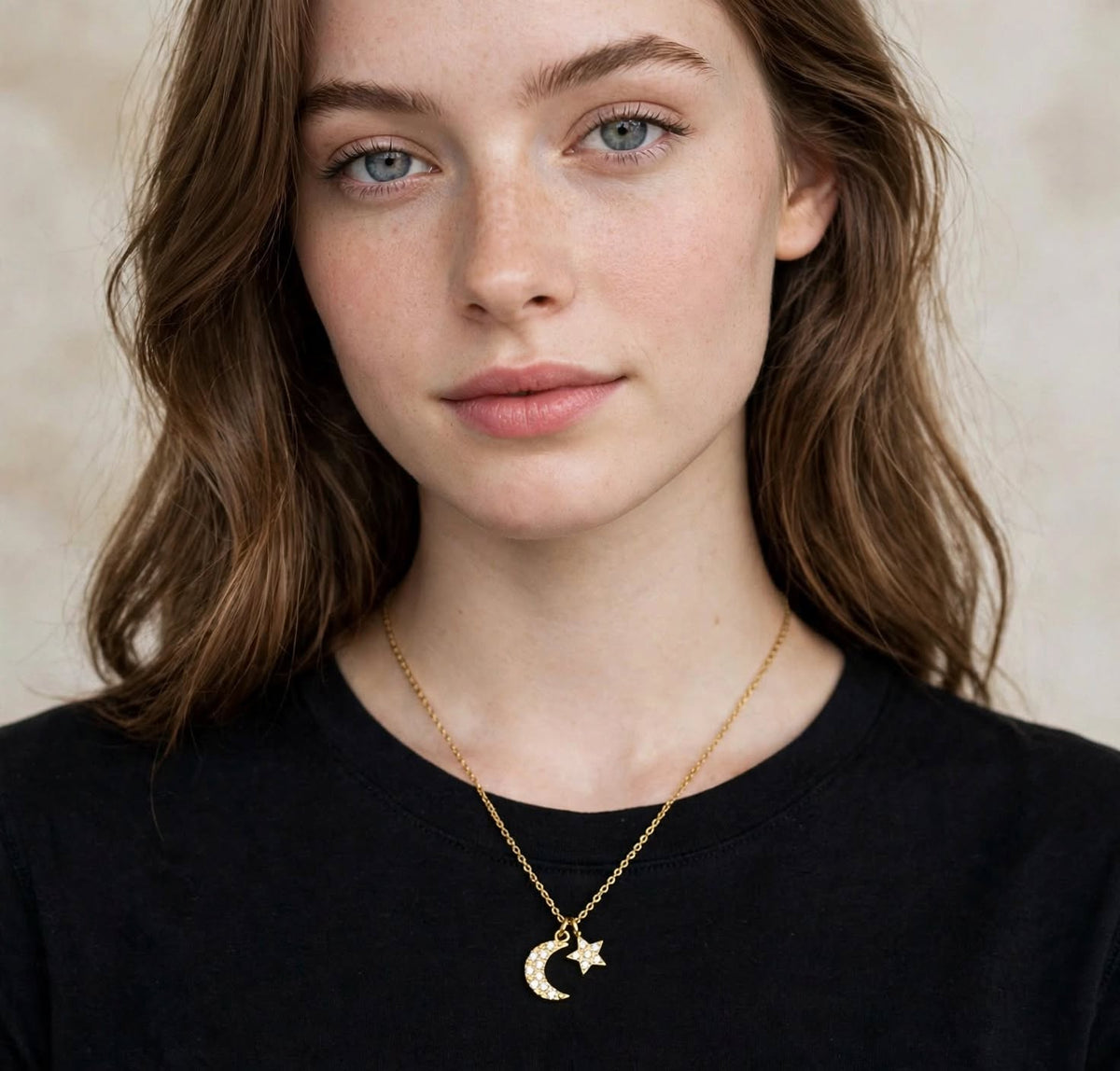 Moon and Star Pendant & Gold Necklace