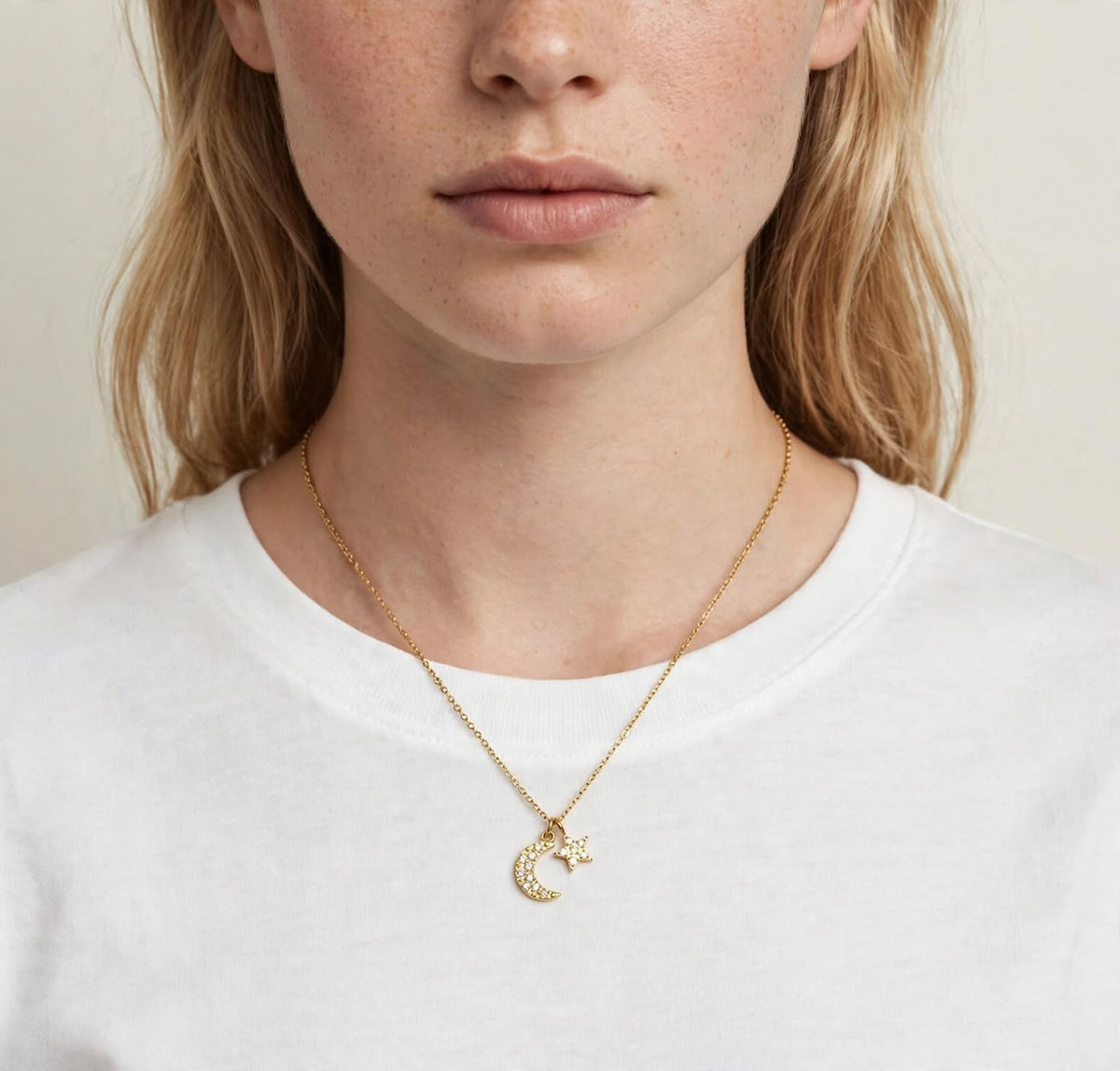 Moon and Star Pendant & Gold Necklace