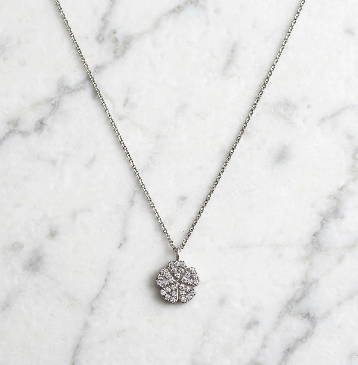 Flower Pave Pendant & Silver Necklace