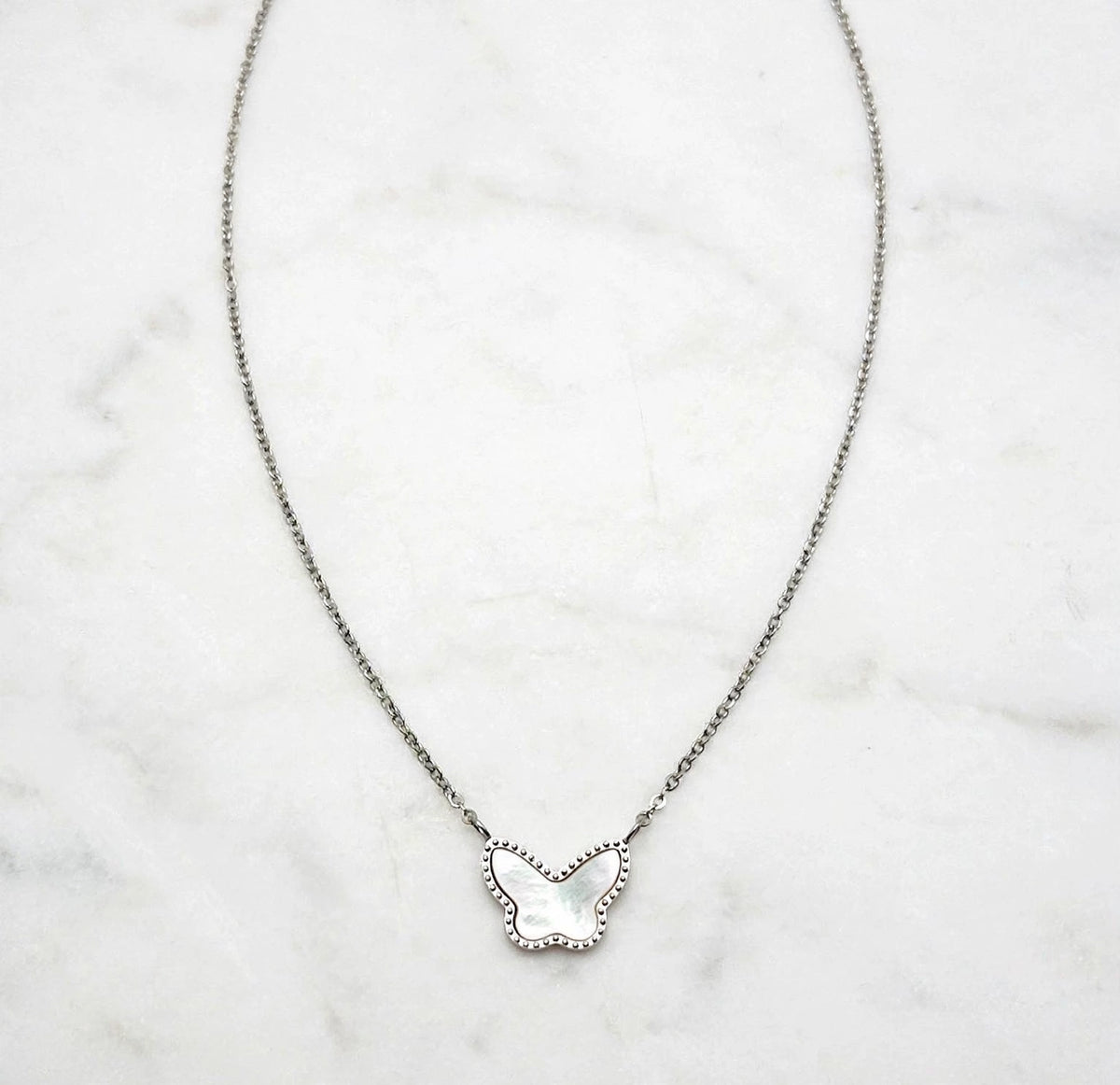 Butterfly Mother of Peal Pendant & Silver Necklace