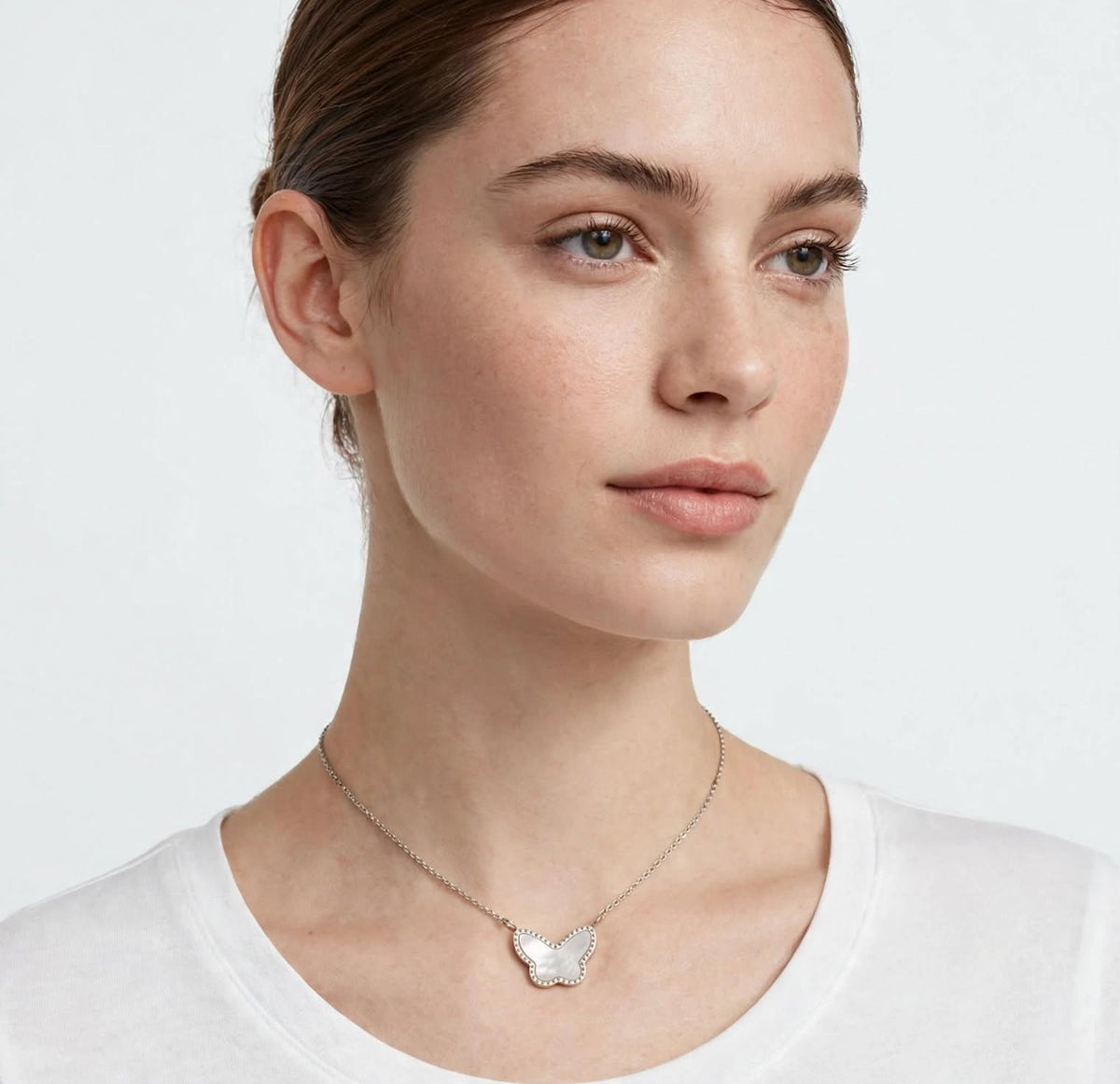 Butterfly Mother of Peal Pendant & Silver Necklace