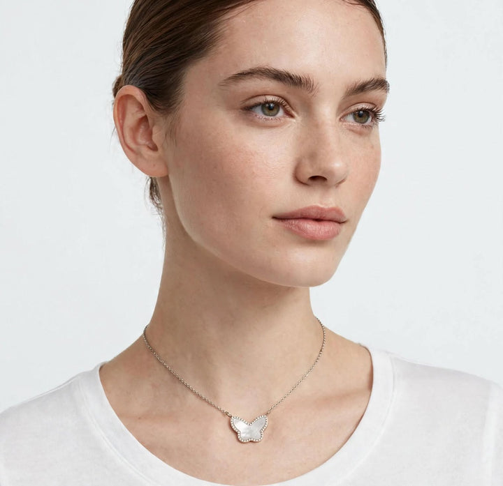 Butterfly Mother of Peal Pendant & Silver Necklace