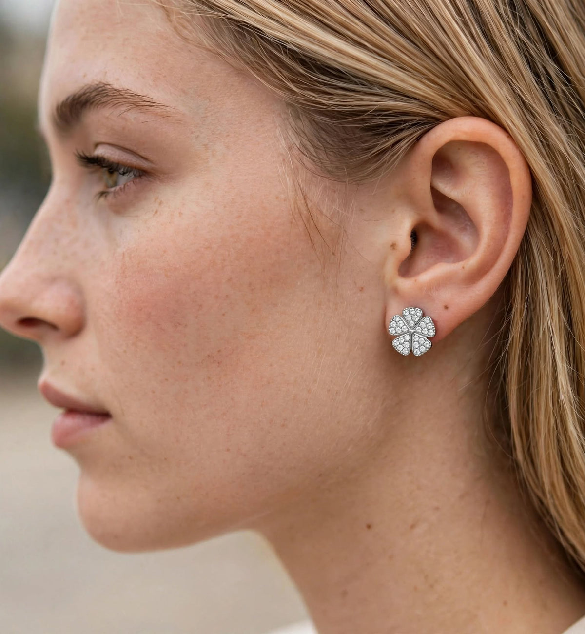 Flower Silver Pave Stud Earrings